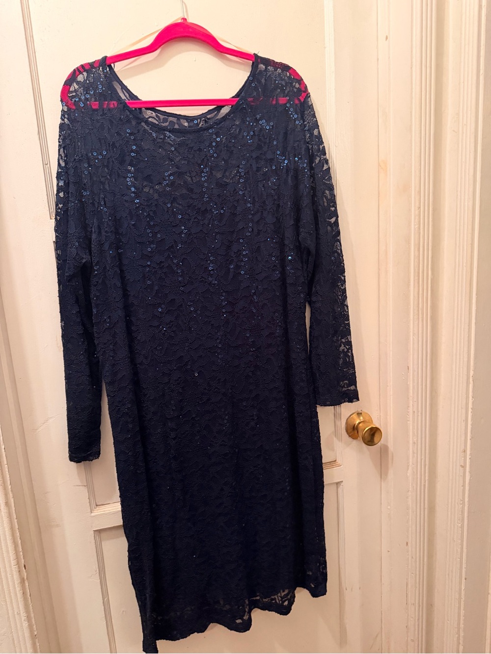 Women's Navy Lace Sequin Long Sleeve Dress